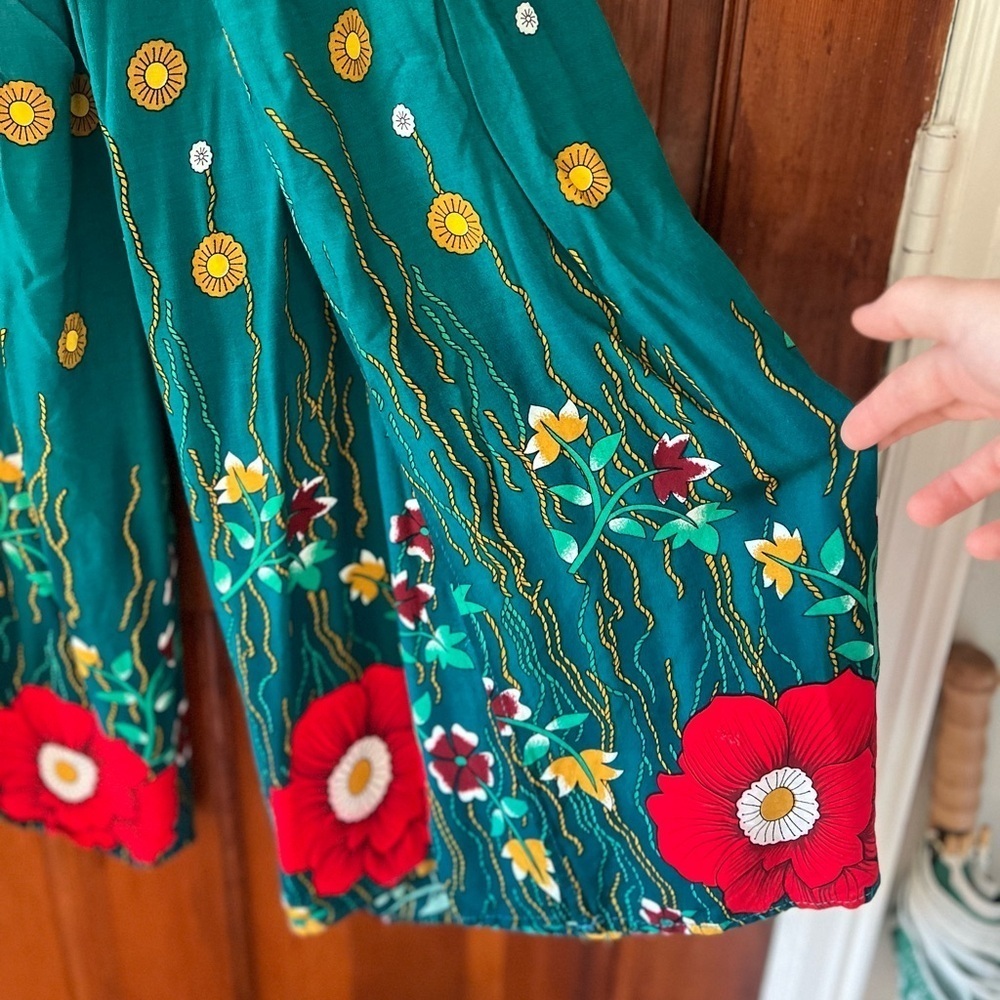 Boho Floral Wide Leg Pants Green | Elastic Waist Palazzo Beach Festival Size M - Picture 3 of 10